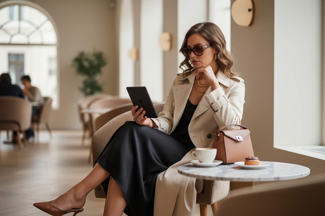 una donna elegante di moda che legge su kindle